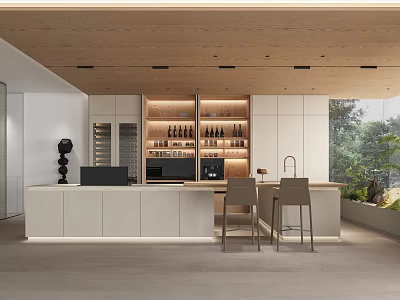 Modern Kitchen Interior With White Cabinets Island Counter Wine Bottles And Wooden Ceiling 3d model