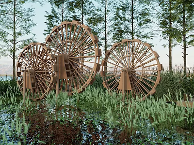 Riverside Waterfront Landscape With Wooden Water Wheels Green Grass And Tall Trees 3d model
