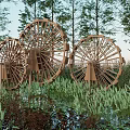 Riverside Waterfront Landscape With Wooden Water Wheels Green Grass And Tall Trees