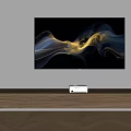 Wall Mounted Modern TV Displaying Blue And Gold Flowing Patterns On Wooden Stand