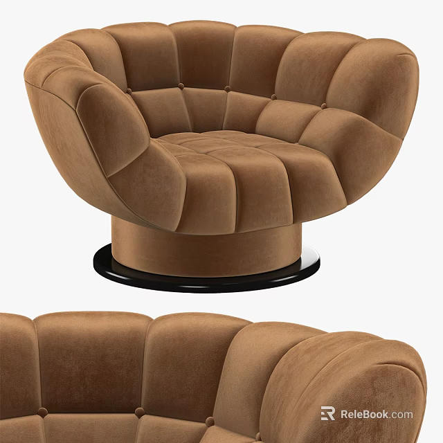 Brown Velvet Single Sofa With Tufted Design Rounded Shape And Black Circular Base 3d model 
