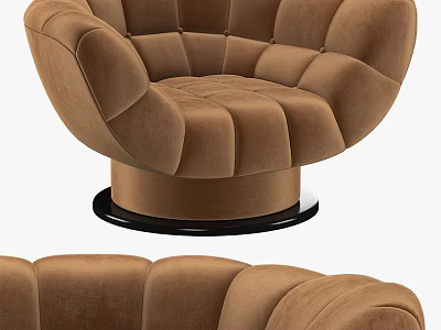 Brown Velvet Single Sofa With Tufted Design Rounded Shape And Black Circular Base 3d model