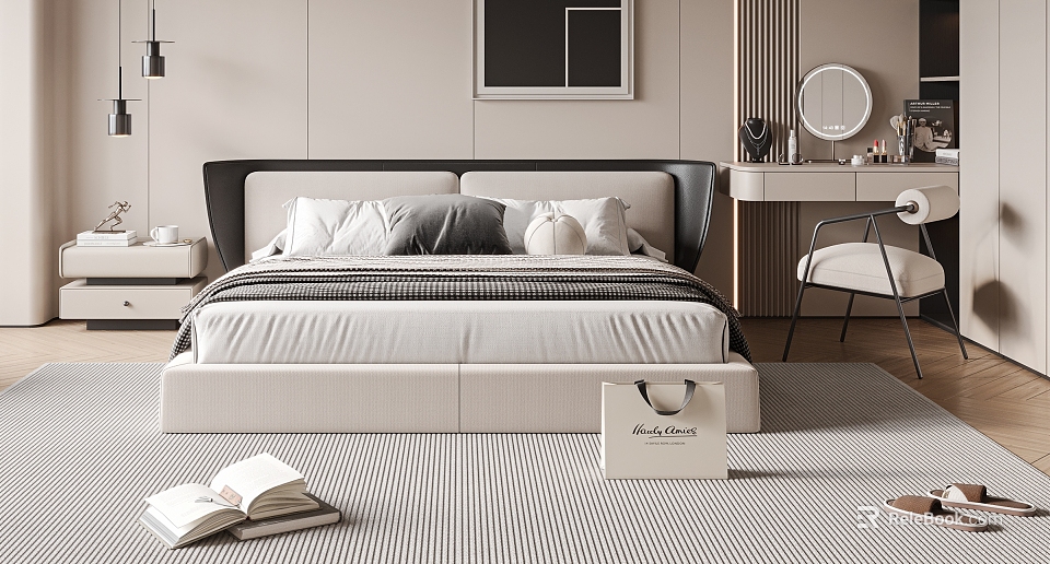 Modern Double Bed with Black Headboard White Bedding Gray Pillows and Striped Carpet 3d model 