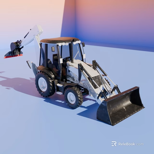 White Black Excavator Model With Front Loader Bucket And Cab On Blue Surface 3d model