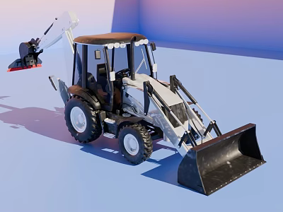 White Black Excavator Model With Front Loader Bucket And Cab On Blue Surface 3d model