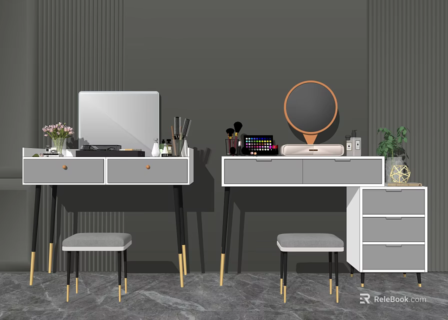 Modern Dressing Table with Round Square Mirrors Cosmetics Green Plant and Stools 3d model