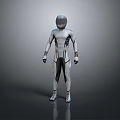 Futuristic Game Movie Character In Silver Black Tech Suit With Helmet Standing