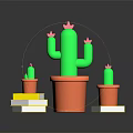 Green Cactus in Orange Pot with Smaller Cacti Placed on Yellow Books