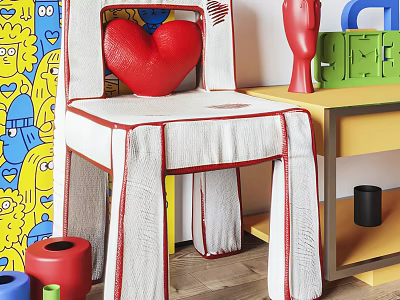 Comfortable Kids Chair With Red Heart Cushion And Colorful Playroom Decor 3d model