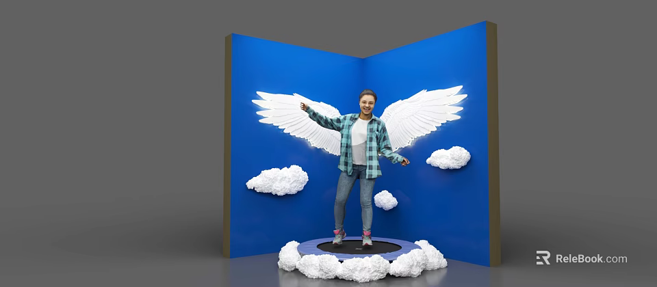 Check in Photo Spot With Blue Background Large White Wings And Cloud Decorations 3d model 