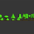 Green Plant Models With Various Shapes And Brown Bases And Reflections On Black Background