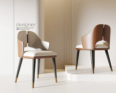 Designer Modern Accent Chair With Leather Armrest Brown Cream And Black Gold Legs 3d model
