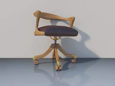 Wooden Armchair With Brown Leather Seat And Swivel Wheels On Gray Floor 3d model