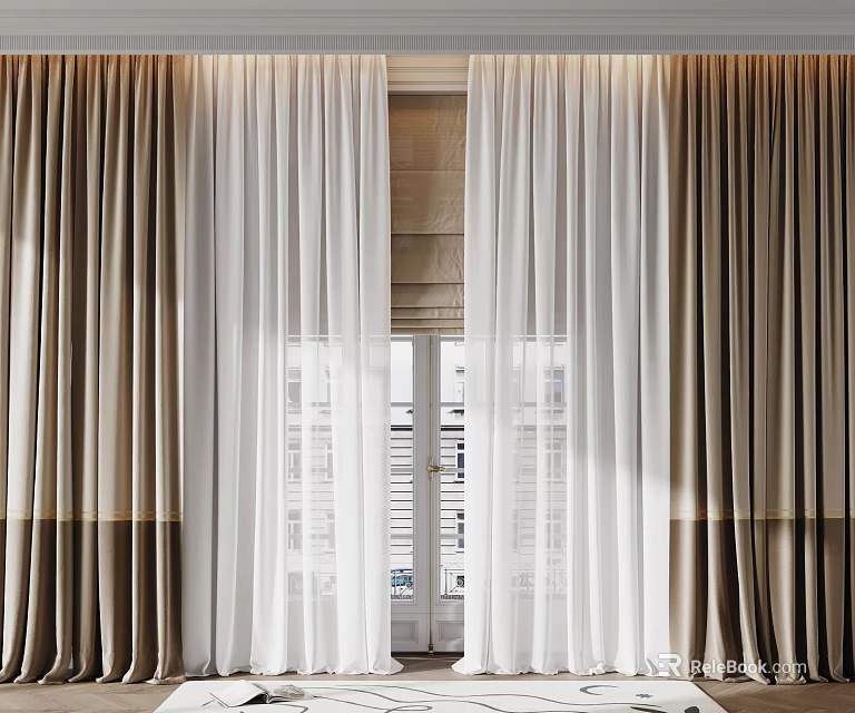Beige Thick Curtains with White Sheer Panels for Modern Window Interior Design 3d model 