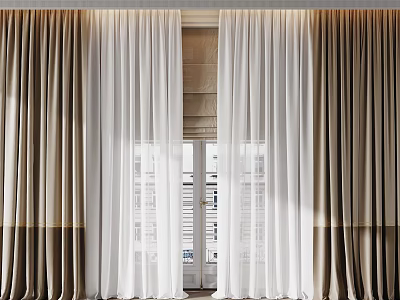 Beige Thick Curtains with White Sheer Panels for Modern Window Interior Design 3d model