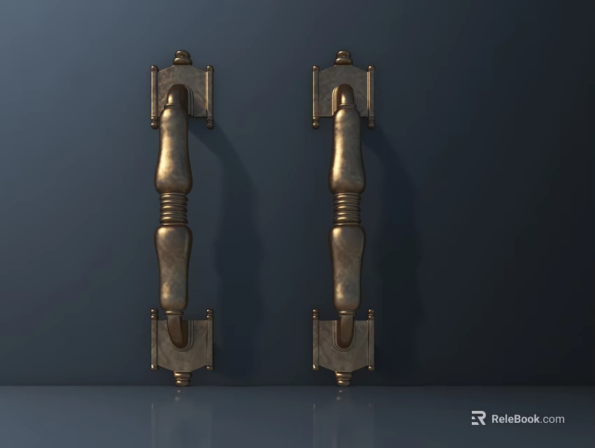 Brass Colored Decorative Door Handles With Square Bases And Cylindrical Design On Dark Background 3d model 
