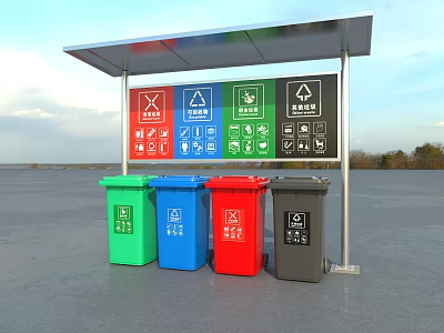 Public Waste Classification Facility With Covered Shelter Color Coded Trash Bins And Recycling Icons 3d model