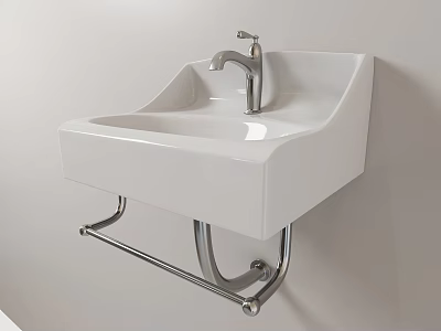 Modern White Wall Mounted Washbasin with Chrome Faucet and Metal Bracket 3d model