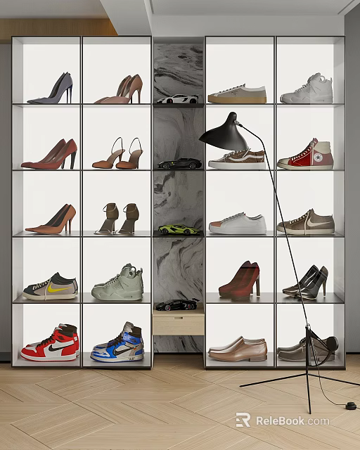 Modern Shoe Cabinet With Multiple Shelves Displaying Various Shoes And Black Lamp 3d model 