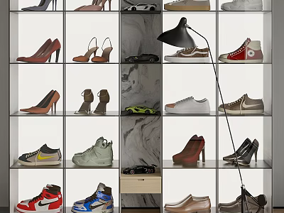 Modern Shoe Cabinet With Multiple Shelves Displaying Various Shoes And Black Lamp 3d model