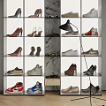 Modern Shoe Cabinet With Multiple Shelves Displaying Various Shoes And Black Lamp