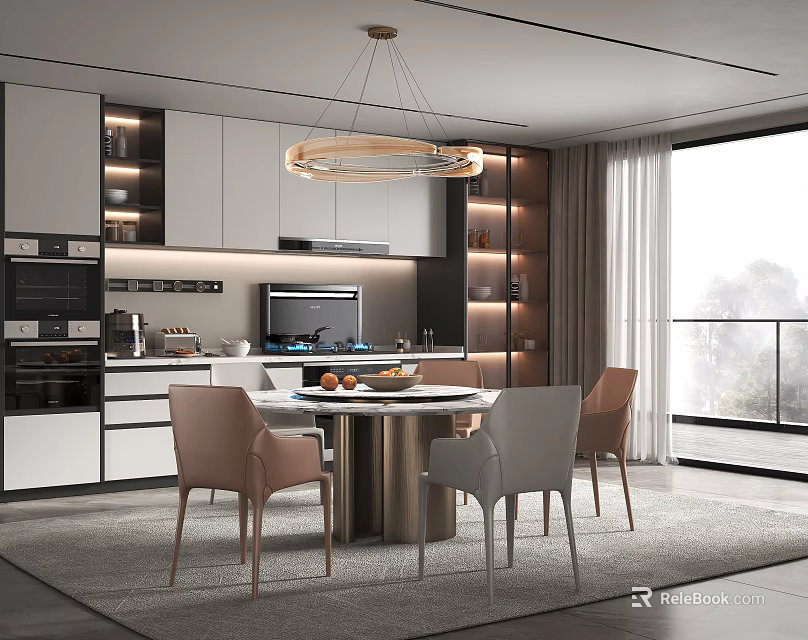 Modern Restaurant Interior With Open Kitchen Round Dining Table Chairs And Pendant Light 3d model 