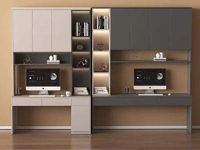 Modern Home Office Desks with Computer Setups Built in Shelves and Cabinets Elegant Lighting Design 3d model