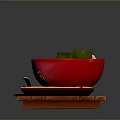 Dragon Patterned Red Bowl With Steaming Noodles And Dumplings On Tray