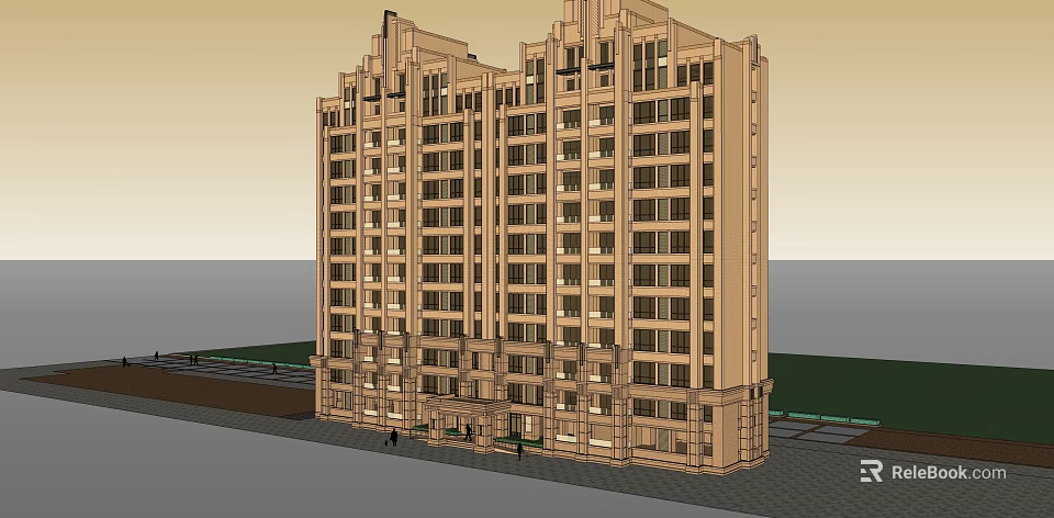 Multi Storey Residential Building Exterior With Decorative Top Windows Roads And Green Surroundings 3d model 