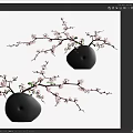 Decorative Black Ceramic Vase With Pink Blossoms Green Leaves And Slender Branches
