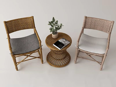 Cozy Rattan Table And Chair Set With Gray White Cushions Potted Plant And Book 3d model