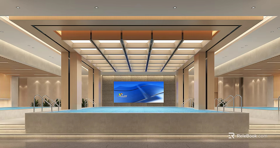SPA Sauna Modern Interior Design With Large Blue Feature Wall Elegant Columns And Warm Lighting 3d model 