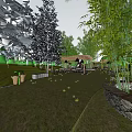 Rural Landscape With Bamboo Grove Green Grassland Wooden Canopy Tables Chairs And Stone Flower Beds