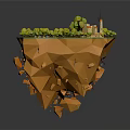 3D Illustration of Floating Island with House Trees and Small Pond