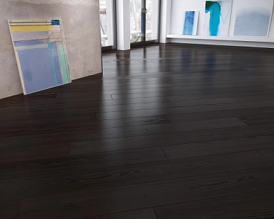 Dark Glossy Oak Wooden Flooring In Modern Interior With Artworks And Windows 3d model