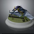 Colorful Dragon Figure with Purple Blue Wings on White Pedestal Green Grass and Wooden Log