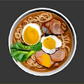 Delicious Ramen Bowl With Soft Boiled Eggs Ham Slices Green Vegetables And Noodles
