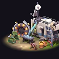 Cartoon Camper Van Scene With Satellite Dishes Street Lamp Table Boxes And Warning Sign