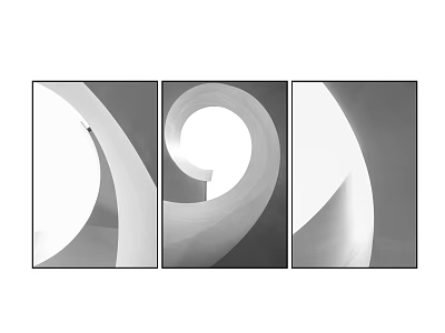 Abstract Painting Three Panel Triptych With Curved Spiral Shapes Black White Gray Modern Wall Art 3d model