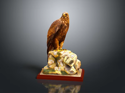Detailed Eagle Sculpture Perched on Rock with Red Wooden Base Pedestal 3d model