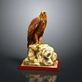 Detailed Eagle Sculpture Perched on Rock with Red Wooden Base Pedestal