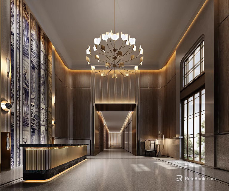 Luxurious Hotel Lobby Interior Design With Chandelier Wooden Walls And Reception Desk 3d model 
