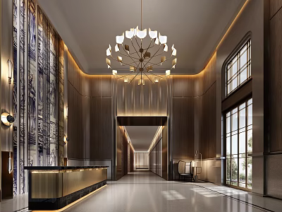 Luxurious Hotel Lobby Interior Design With Chandelier Wooden Walls And Reception Desk 3d model