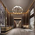Luxurious Hotel Lobby Interior Design With Chandelier Wooden Walls And Reception Desk