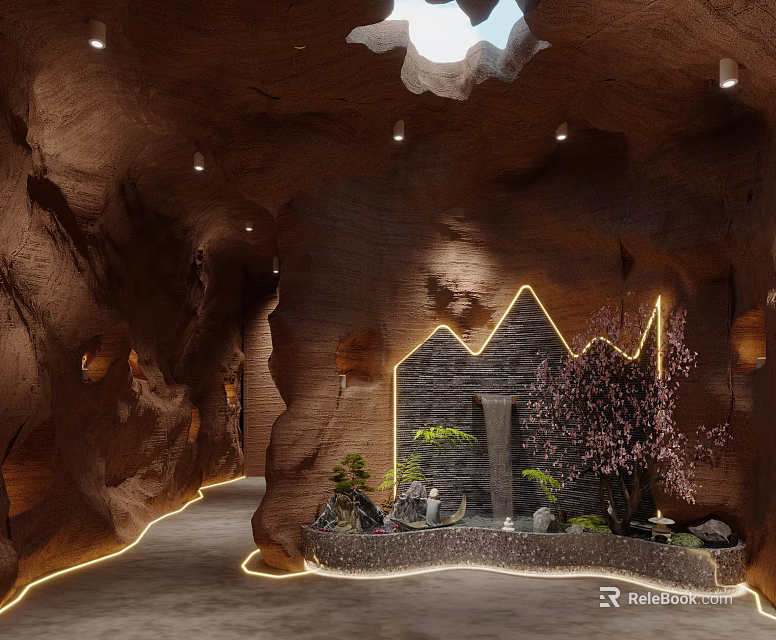 Cave Style Hotel Corridor With Rock Walls Illumination Central Landscape Rockery And Cherry Blossom Tree 3d model 