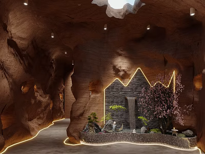 Cave Style Hotel Corridor With Rock Walls Illumination Central Landscape Rockery And Cherry Blossom Tree 3d model
