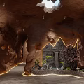 Cave Style Hotel Corridor With Rock Walls Illumination Central Landscape Rockery And Cherry Blossom Tree