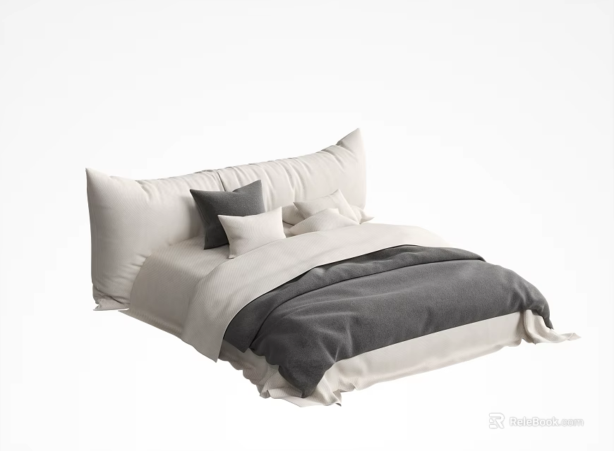 Modern Double Bed with White Linen Sheets Gray Blanket and Decorative Pillows 3d model