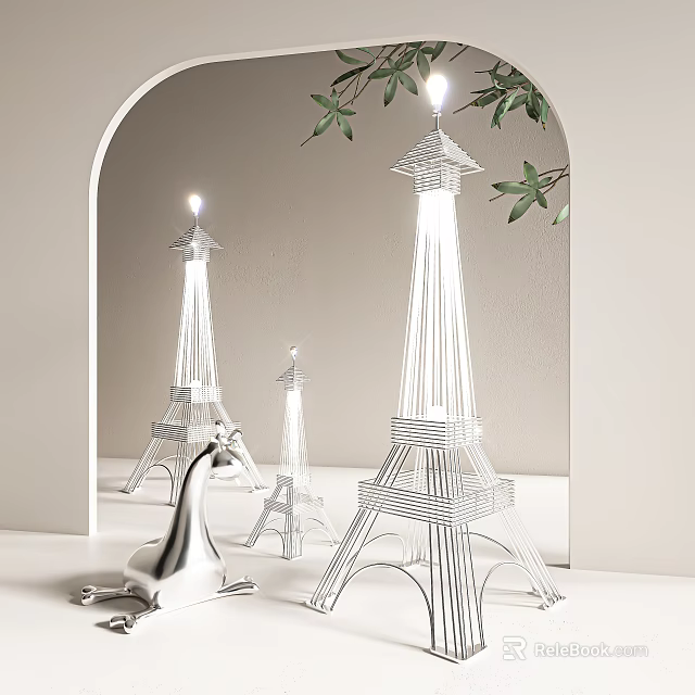 Eiffel Tower Shaped Silver Metal Floor Lamp in Minimalist Interior With Mirror Reflection Green Leaves 3d model 