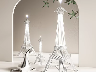 Eiffel Tower Shaped Silver Metal Floor Lamp in Minimalist Interior With Mirror Reflection Green Leaves 3d model